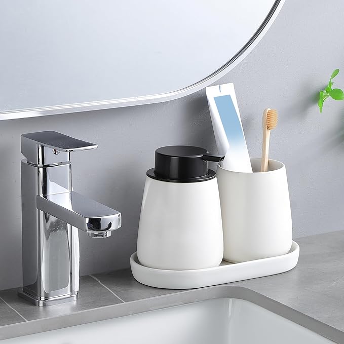 2 Pack White Round Soap Dispenser Tray - 8'' Ceramic Vanity Tray & Organizer Plate Set, Bathroom & Kitchen Countertop Decor for Soap Dispenser, Jewelry, Cosmetics, Sink