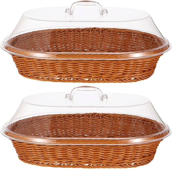 2 PCS Bread Fruit Baskets with Lid - 14 x 10 Inch Wicker Bread Basket with Acrylic Lid, Woven Bread Basket Fruit Tray with Clear Cover, Rattan Food Serving Tray for Home Picnics Bakery Storage