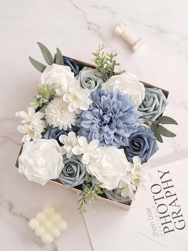 MISSPIN Artificial Flowers DIY Box Set Fake Roses Bouquet Bridal Wedding Flowers Colorful Centerpiece Table Decorations Boho Faux Floral with Stems Arrangements for Cake Home Party Indoor Outdoor