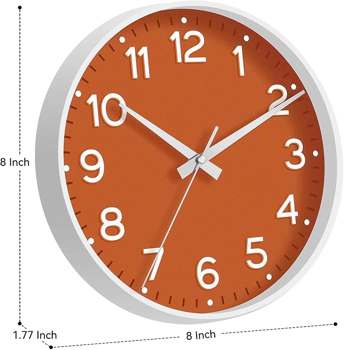 Wall Clock, Silent Wall Clocks Battery Operated 8 Inch-Modern Non Ticking Analog Clock Decorative for Kitchen Office Bathroom Bedroom(Orange)