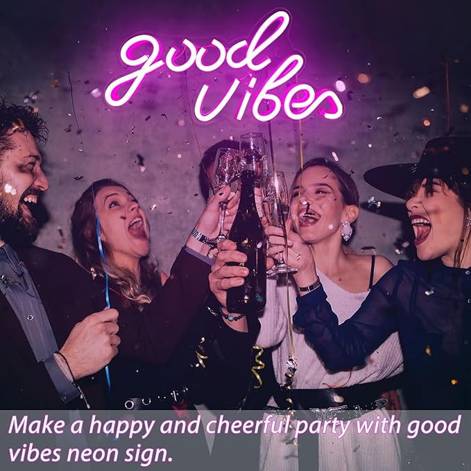 Good Vibes Neon Sign, LED Neon Signs for Wall Decor, Pink Neon Lights for Bedroom & Party Art Decor, USB Powered Bright Neon Light for Lover, Friends