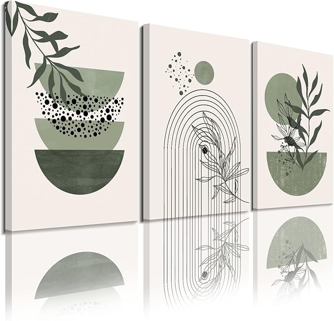 Sage Green Wall Posters & Prints, Green Boho Wall Art Set of 3, Minimalist Framed Wall Art Geometric Line Leaf Sun Moon Beige Green Canvas Artwork Paintings