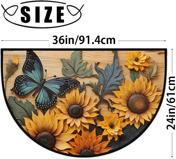 Half Round Door Mat Sunflower Butterfly Non Slip Bath Mats Absorbent Front Porch Rugs Shower Mat for Living Room Bedroom Kitchen Bathroom Floor Home Decor