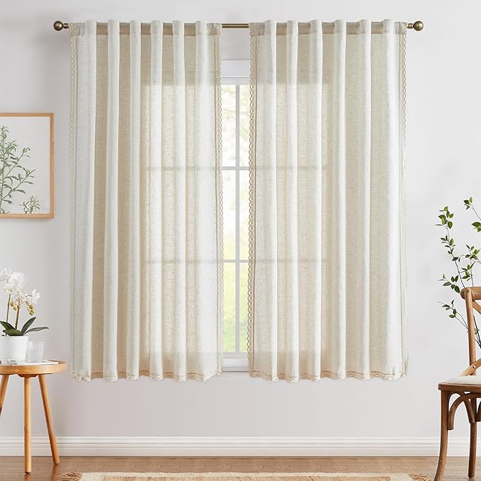 jinchan Linen Light Filtering Curtains 50W x 63L Inch Ecru for Living Room Farmhouse Boho Laced Curtains Back Tab Rod Pocket Drapes 2-Panel Set