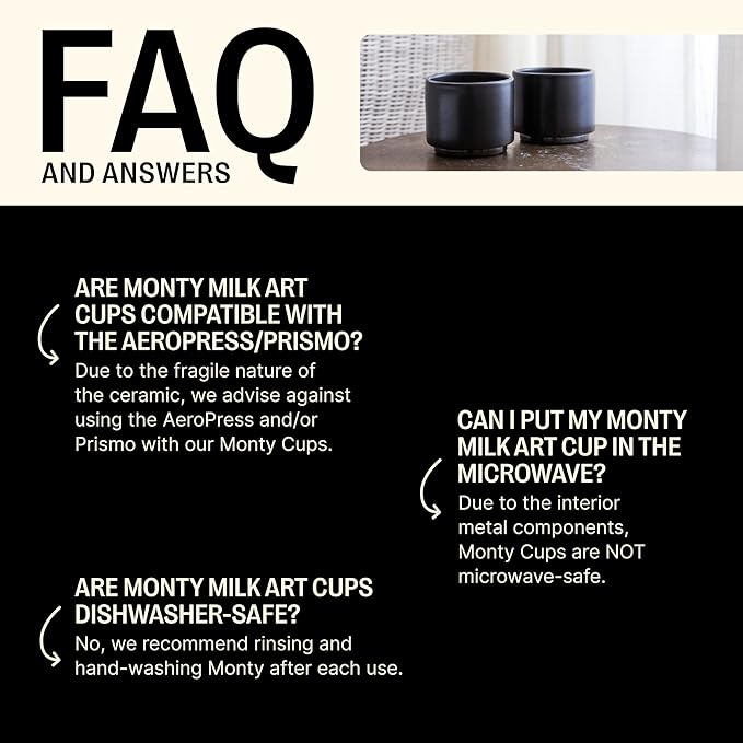 Fellow Monty Milk Art Cups - Double Wall Ceramic Cortado Mug, Matte Black with Graphite Base, 4.5 oz Cup