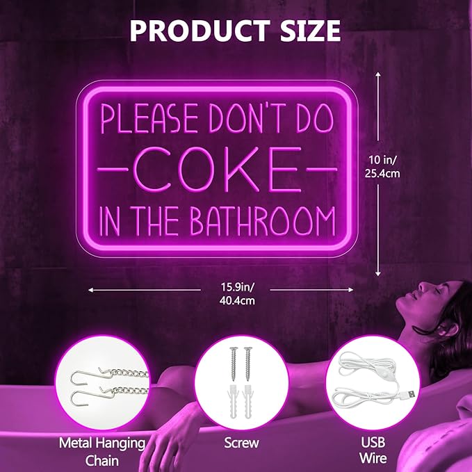 Please Don't Do Coke in The Bathroom Neon Sign for Wall Decor,USB Powered LED Neon Light with Adjustable Brightness,Light Up Sign for Party Decor,Bathroom,Christmas Gifts
