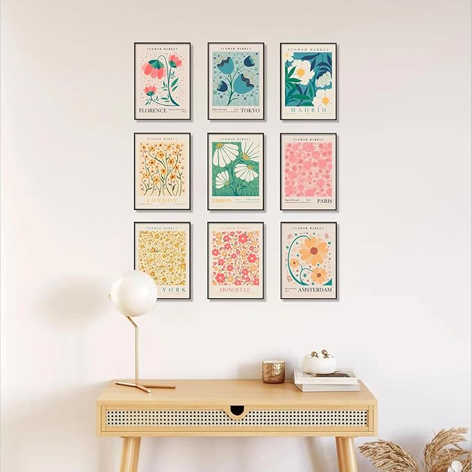 Flower Market Poster Set of 6, Abstract Flower Market Wall Art Prints, Vintage Colorful Floral Wall Art Decor, Boho Room Decor(8x10inch, Unframed)