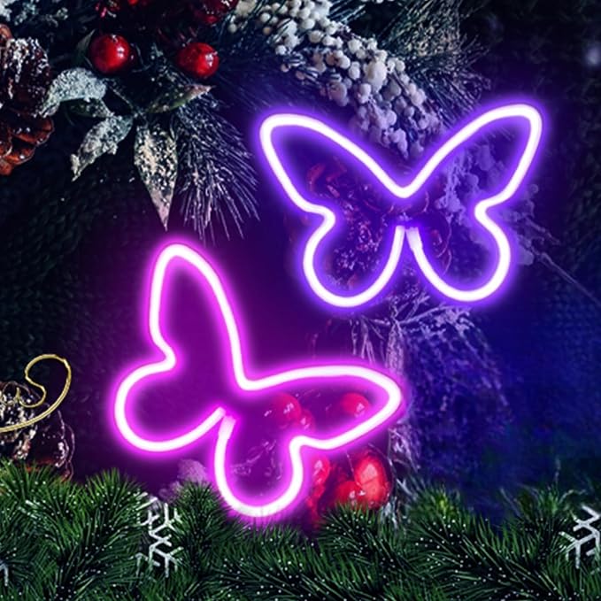 Butterfly Neon Sign, 2 Pack Led Neon Light USB/Battery Operated Wall Decor for Party, Birthday, Wedding, Holiday, Christmas, Living Room, Bar, Bedroom, Indoor, Valentine Gifts (Pink Purple)
