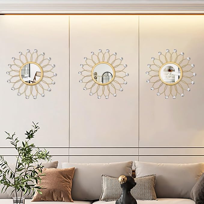 3 Pack Metal Mirrors for Wall Sunburst Wall Mirrors Home Décor Decorative Hanging Wall Art for Living Room Bedroom Entryway (Gold Crystal, Flowers)