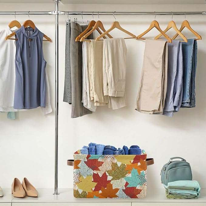 Fall Maple Leaves Storage Basket Fabric Storage Bin Laundry Baskets Autumn Pumpkin Foldable Storage Boxes Organizer Bag for Baby Cloth Dog Toy Book Storage Cubes Shelf Closet Basket 16×12×8 Inches