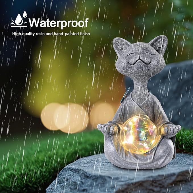 Solar Garden Decor Statues 7" Resin Cat Figurines with Glass Ball Waterproof Cat Decor for Outside Yard Patio Porch Decoration Gift for Mom Grandma