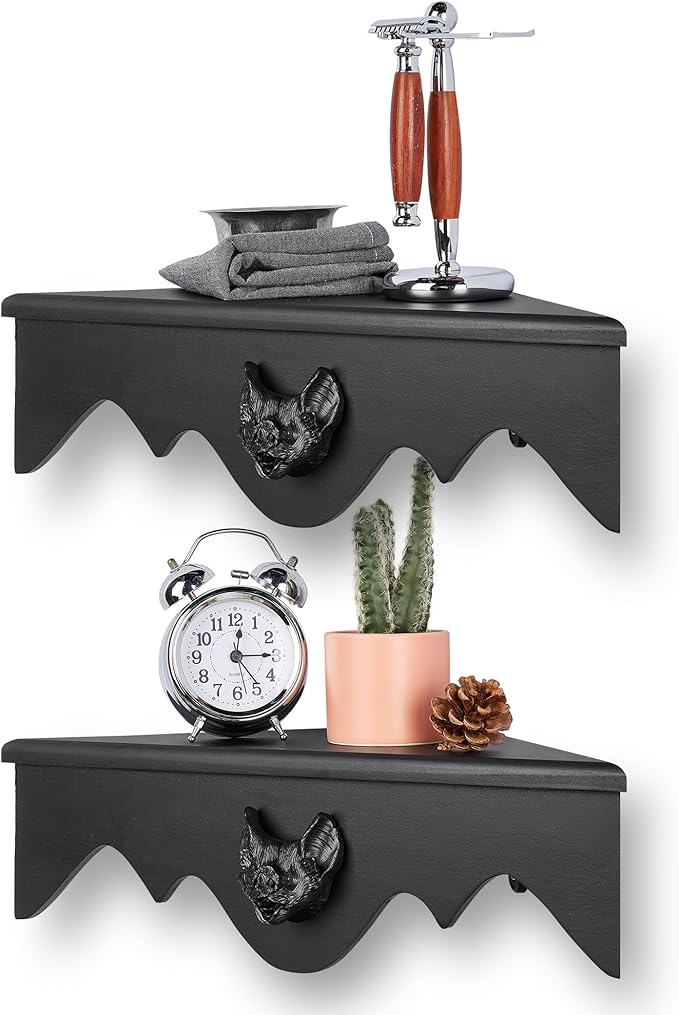 Bat Corner Shelf Set of 2, Black Flying Bat Floating Corner Shelf, Wood Wall Mounted Storage Shelves, Gothic Home Decor for Bedroom, Kitchen, Living Room, Bathroom, Office and More…