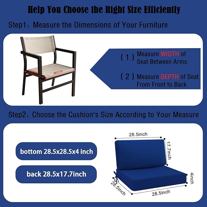 idee-home Outdoor Cushions for Patio Furniture, Outdoor Seat Cushion, Waterproof Hampton Bay Deep Seat Replacement Couch Chair Cushions for Garden Lawn Backyard Deck, 28.5 x 28.5 Navy Bue