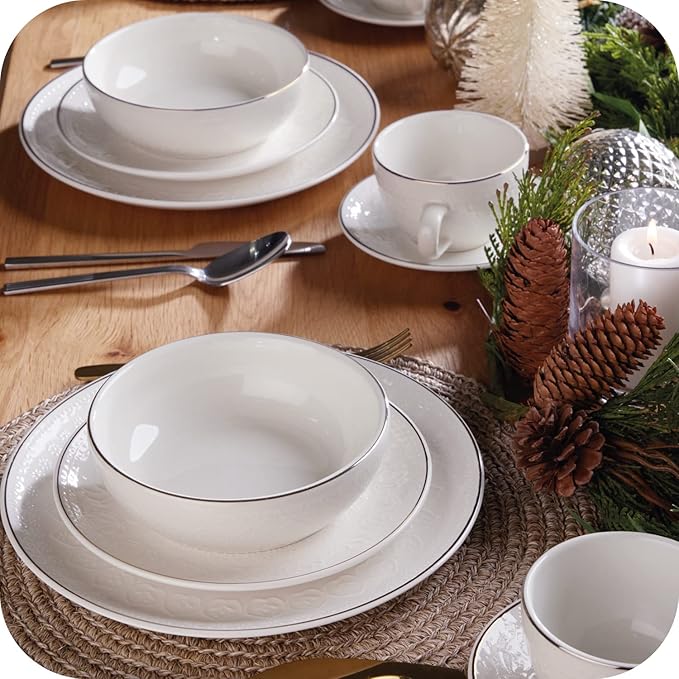 Corona 20–piece Silver-Rim Elegant Embossed Floral Pattern Ceramic Dinnerware Sets, Plates Bowls and Cups, Service For 4, Harmony