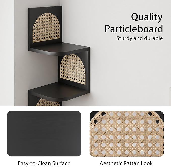 4-Tier Corner Shelves - Zig Zag Rattan Wall Shelf, Black Corner Shelf Wall Mounted, Floating Shelves for Bedroom, Bathroom & Living Room