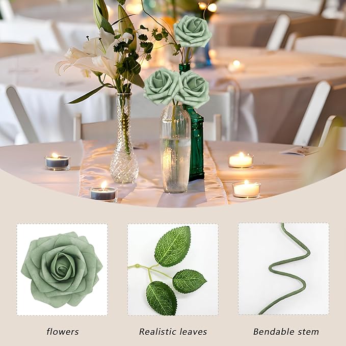 200PCS Elf Green Artificial Flowers Roses Real Looking Foam Fake Roses with Leaves for DIY Wedding Bouquets Bridal Shower Party Decorations (Elf Green, 200)