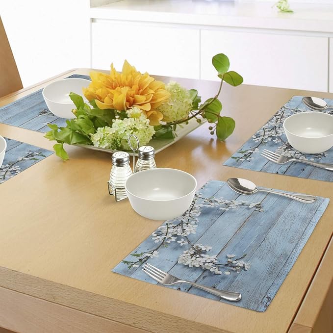 Ambesonne Rustic Place Mats Set of 4, Branch Blooming Warm Season Flowers on Wooden Fragility of Spring, Washable Fabric Placemats for Dining Table, Standard Size, Blue