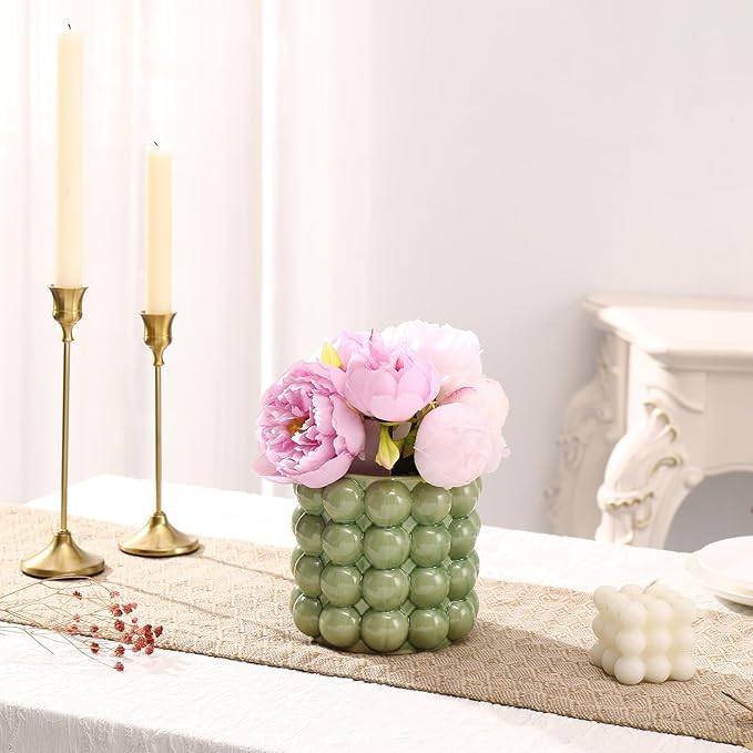 Bubble Vase, Small Vase, Green Ceramic Vase, Short Vase, Ceramic Flower Vase, Unique Vase Home Decor, Decorative Vase for Flowers, Living Room, Bedroom, Office, Shelf, Coffee Table, 5 Inches