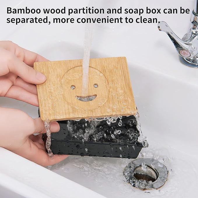 Bamboo Soap Dishes for Shower Wooden Soap Bar Holder for Bathroom Soap Tray Easy to Clean, Durable and with Non-Slip Pads(Two Black Smiley Faces)