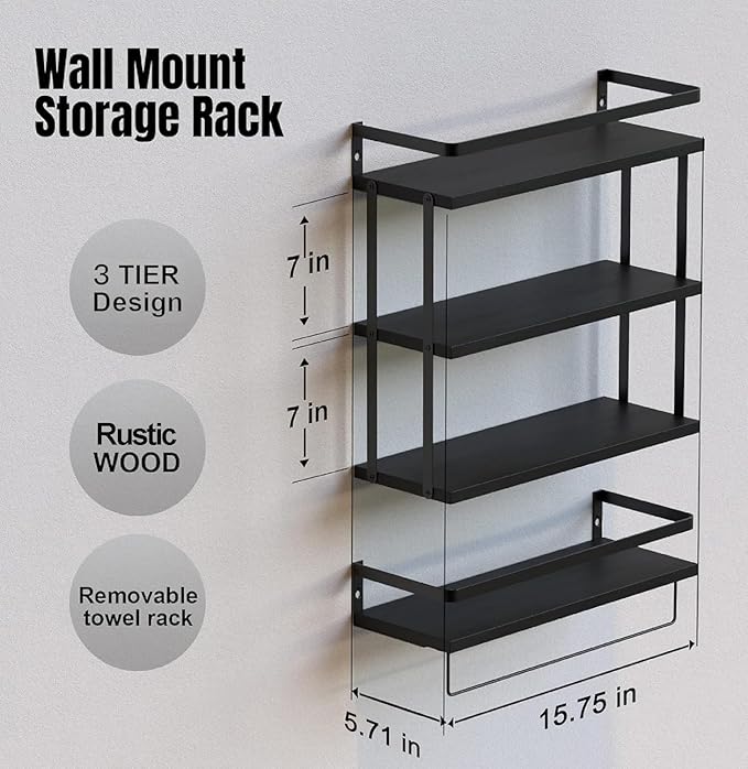 RICHER HOUSE 3+1 Tier Wall Mounted Floating Shelves Set of 2, Rustic Wood Wall Shelf with Metal Frame, Extra Storage Rack for Bathroom, Kitchen, Bedroom with Tissue Rack & Towel Bar - Black