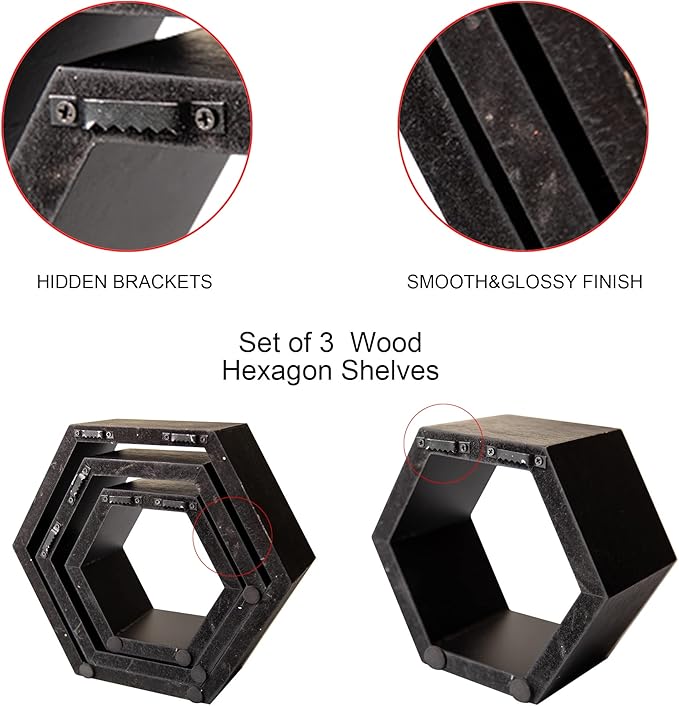 DD DEFINED DECO Set of 3 Pine Wood Hexagon Shelves for Wall Decor,Wall Mounted Floating Shelves,Farmhouse Honeycomb Living Room,Hanging Rustic Shelf Racks Bedroom,Nursery, Black, (B2C230007-3SET)