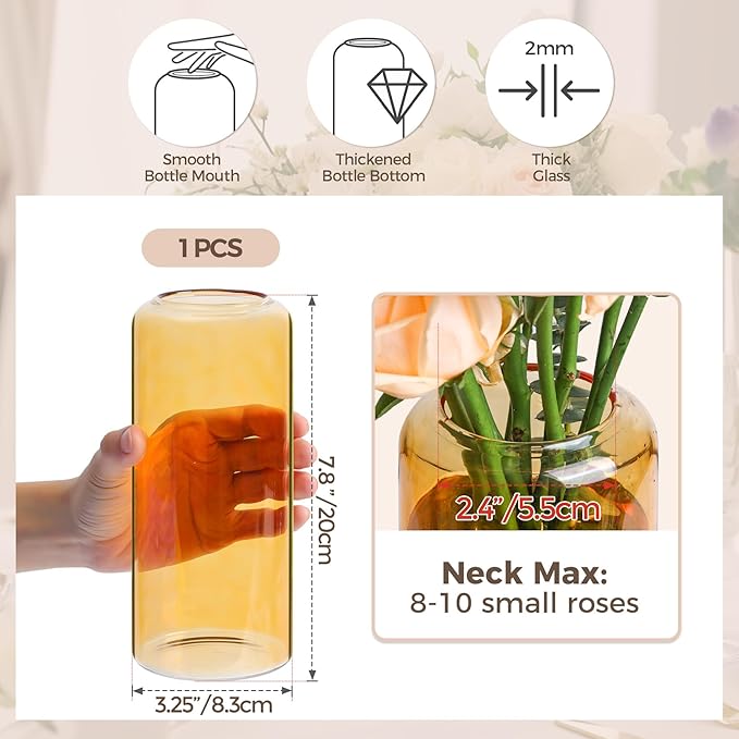 ComSaf Glass Flower Vase, 8 Inch Tall Bud Vases, Home Decor Vases for Centerpiece for Living Room and Bedroom, Decorative Vases for Wedding, Valentines' Day, Mother's Day (Amber)