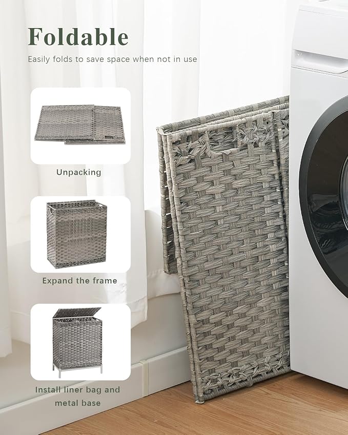 Laundry Hamper with Lid, 112 L Handwoven Rattan Wicker Laundry Basket, 2 Removable Liner Bags Metal Heightened Feet, 6 Mesh Bags, 2 Section Large Clothes Hamper for Bathroom Bedroom, Gray