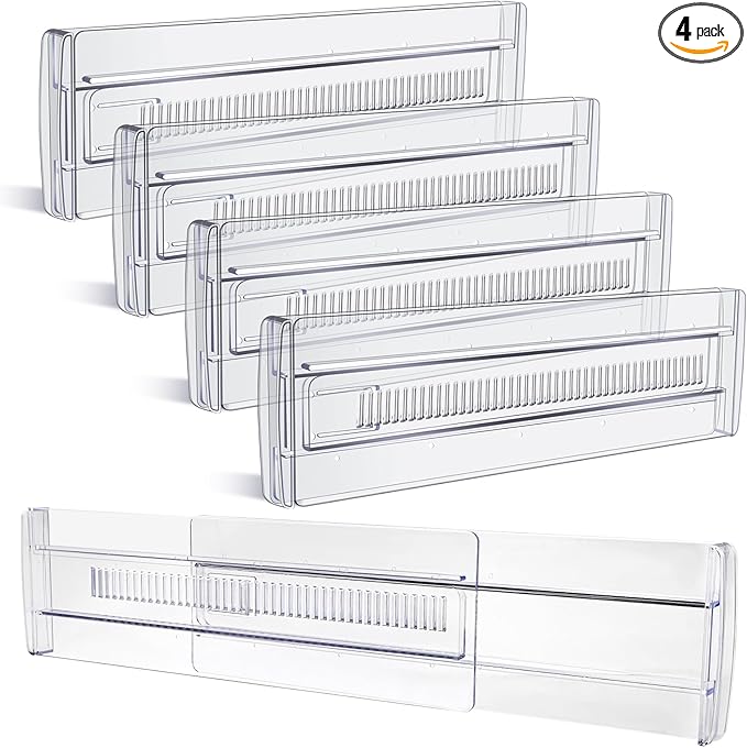 Drawer Dividers, 4 Pack Adjustable Drawer Organizers 3.2" High Expandable from 11.3-20" Clear Expandable Dresser Organizer for Clothes Kitchen Utensils Cutlery Drawer Organizers Set