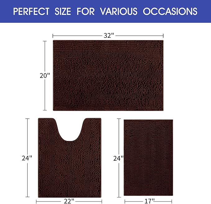 ACCUMTEK Striped Brown Bathroom Rug Set 3 Pieces Ultra Soft, Non Slip Chenille Toilet Mat, Absorbent Plush Shaggy Bath Mats for Bathroom, Bedroom, Kitchen
