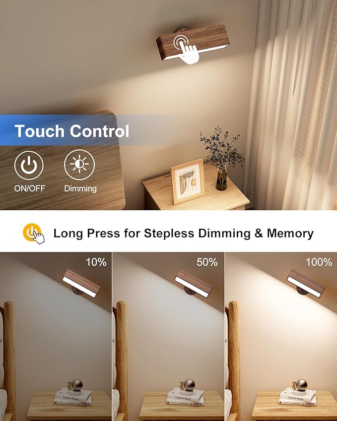 YiLaie Wall Sconces Battery Operated Set of 2,Rechargeable Wall Sconce for Bedroom,Wireless Wall Lights Dimmable,Wood Wall Lights with 360 Rotation,Peel and Stick Wall Sconces for Bedroom Bedside
