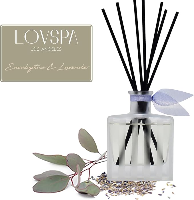 LOVSPA De-Stress Lavender Eucalyptus Reed Diffuser Set - Scent Diffuser with Long Lasting Fragrance - Non-Toxic Oil Reed Diffusers - Made in The USA