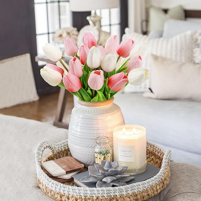 Beferr 18pcs Tulips Artificial Flowers Faux Tulip Real Touch Tulip Fake Flowers Bouquets Arrangements for Mothers Day Spring Easter Wedding Home Table Decor Coral Pink