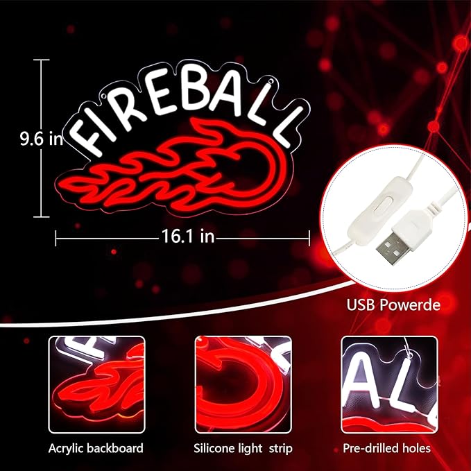 Neon Sign, LED Neon Light Sign 17x10, USB Powered Decorative Bar Open Sign for Home Bar Store Party Decor,FIREBALL Whiskey Neon Lights for Man Cave