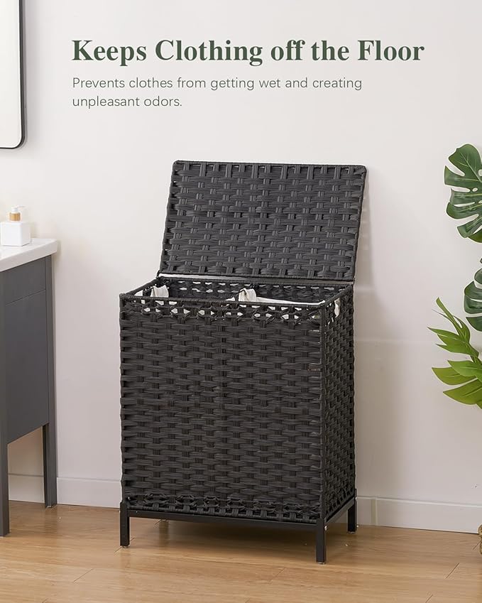 Laundry Hamper with Lid, 112 L Handwoven Rattan Wicker Laundry Basket, 2 Removable Liner Bags Metal Heightened Feet, 6 Mesh Bags, 2 Section Large Clothes Hamper for Bathroom Bedroom, Black