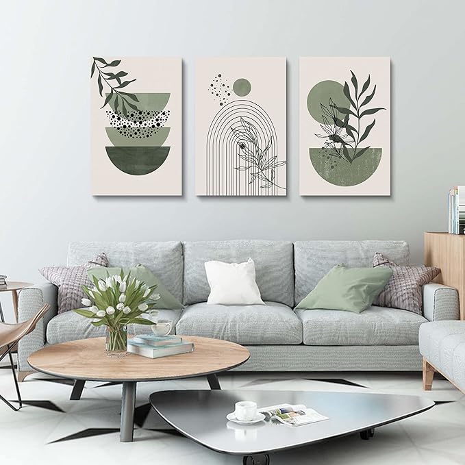Sage Green Wall Posters & Prints, Green Boho Wall Art Set of 3, Minimalist Framed Wall Art Geometric Line Leaf Sun Moon Beige Green Canvas Artwork Paintings