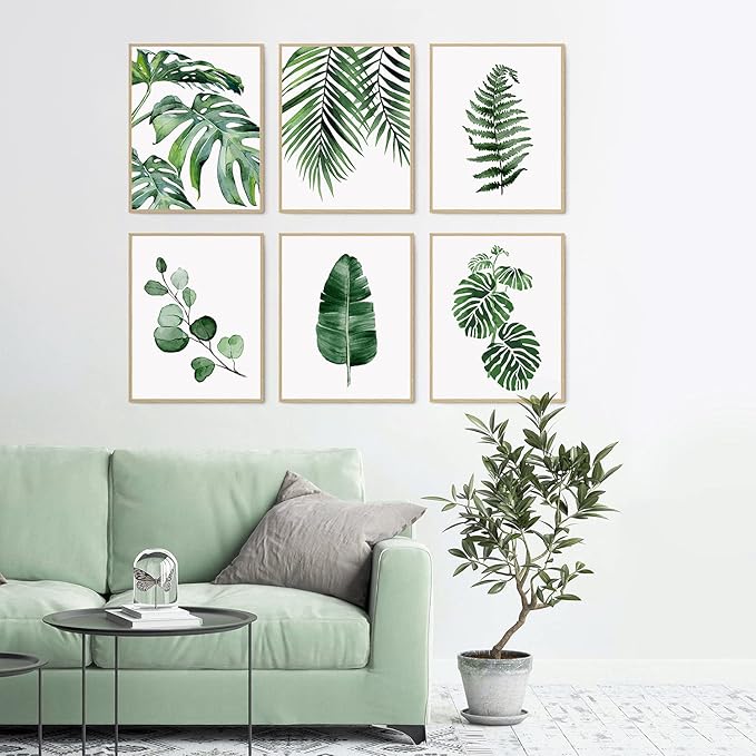 HoozGee Botanical Wall Art Prints Set of 6 Tropical Leaves Canvas Decor Plant Leaf Boho Wall Decor Pictures Green Boho Posters Art Set Bathroom Wall Art Decor (11"x14" UNFRAMED)