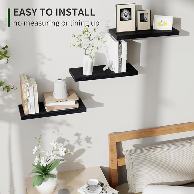 Marsmiles Wood Floating Shelves for Wall Set of 3, 17 Inch Wide Rustic Wooden Floating Shelves, Invisible Wall Mounted Display for Living Room Bedroom Kitchen Bathroom Office, Black