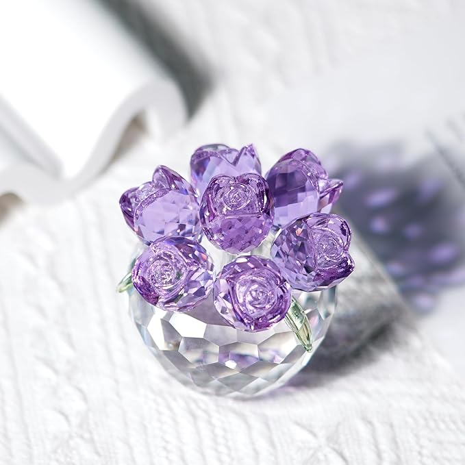 Crystal Flower Figurines - Glass Rose Home Decor - Flower Bouquet for Ladies Gifts(Purple)