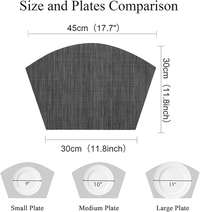 SHACOS Small Round Table Placemats Wedge Placemat Set of 4 Non Slip Heat Resistant Woven Vinyl Table Mats Wipe Clean Indoor Outdoor (4, Black Gray)