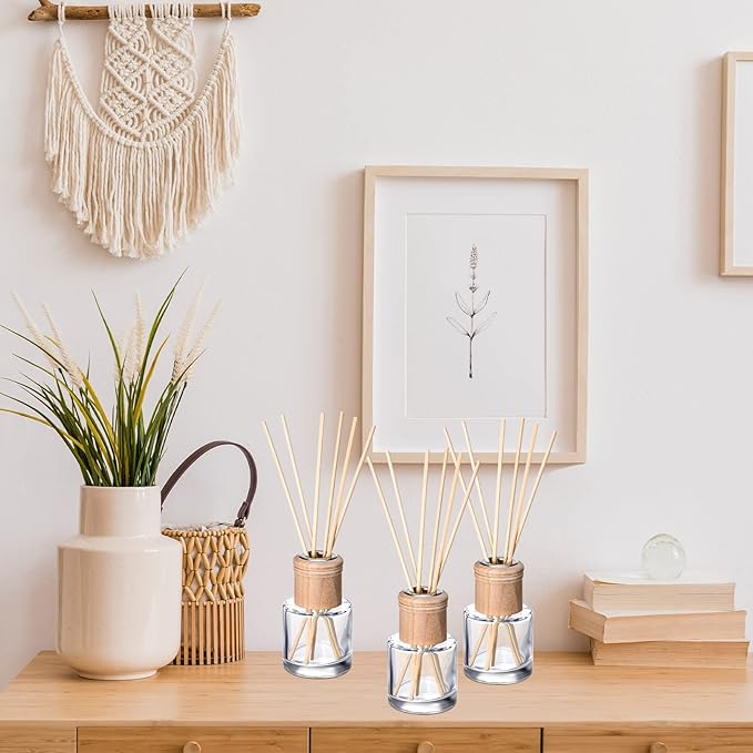 Roshtia 20 Set Reed Diffuser Bottle Empty Refillable Fragrance Glass Diffuser Bottles Set with Wooden Caps Rattan Sticks 50ml 1.7 oz Round Glass Jars for DIY Fragrance