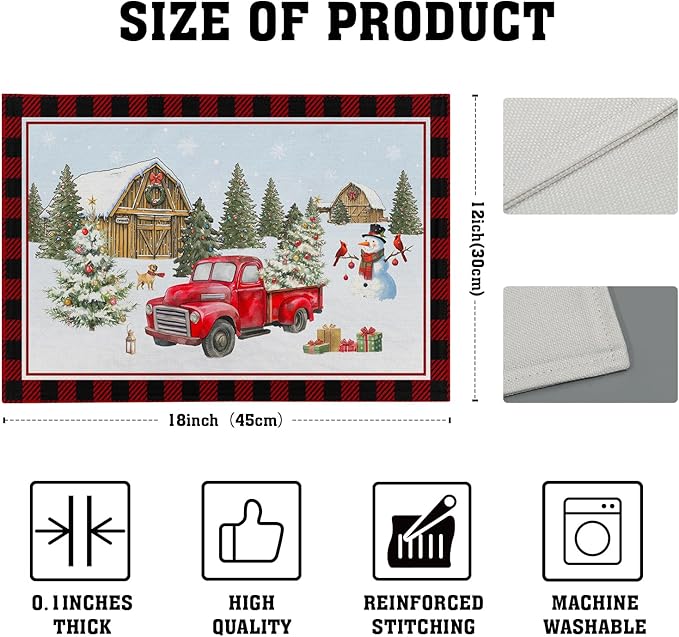 Giwawa Christmas Truck Placemats Set of 4 Winter Snowman Xmas Trees Place Mat with Black Red Buffalo Plaids 12"x18" Snow Farm Scene Non Slip Table Mats for Kitchen Dining Holiday Party Decor