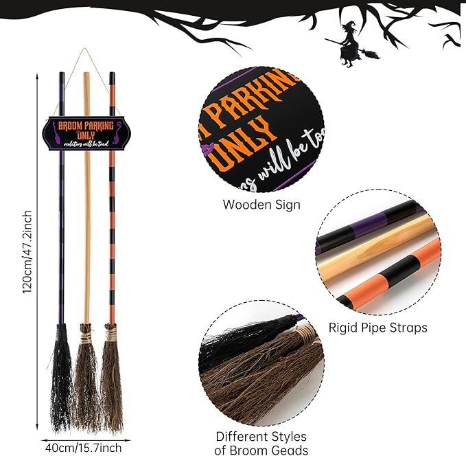 Porch Halloween Decorations - Halloween Broom Parking Sign with 3 Wooden Witches Brooms Decor - Witches Decoration Sign for Home Indoor Outdoor Front Porch Wall Office