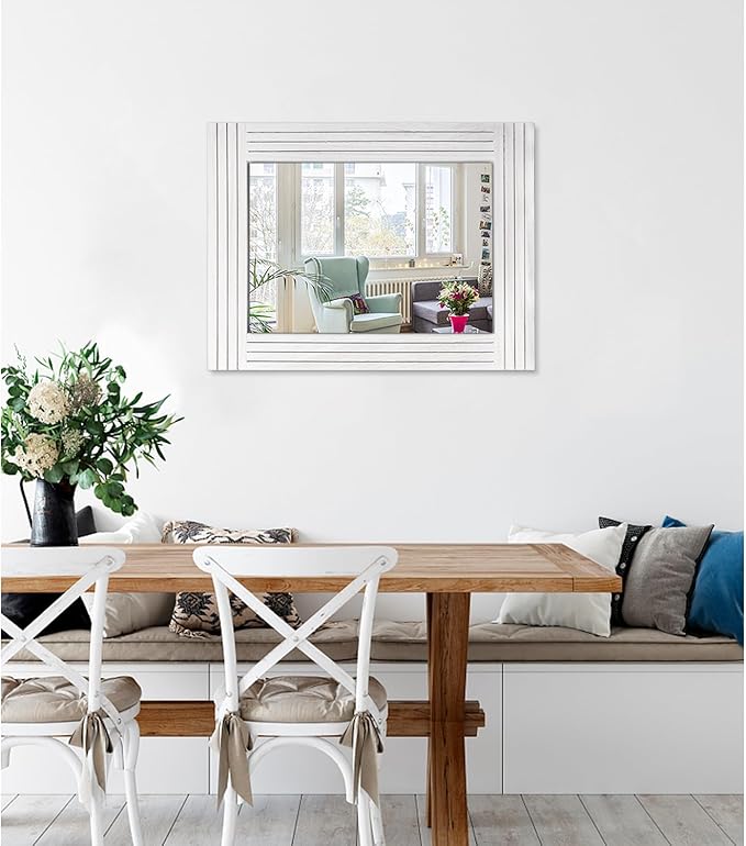 Rustic Mirror for Wall Wooden Frame Rectangular Antique Wall Mirror Decor Farmhouse Bedroom Dresser Bedroom Entryway Mirror Large White 20" x 16"