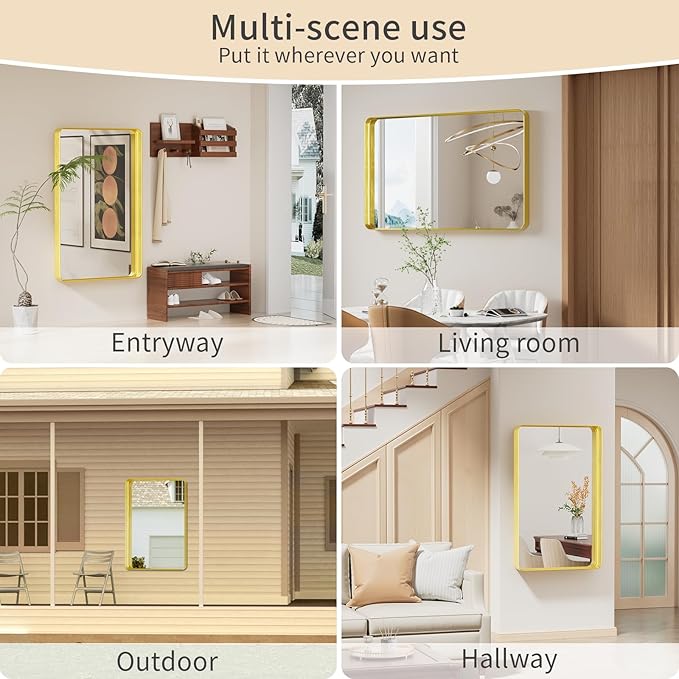 Koonmi Gold Bathroom Mirror for Wall, 30x40 Inch Matte Metal Deep Framed Rounded Corner Wall Mirror, Shatterproof Tempered Glass for Farmhouse Bedroom Entryway, Vertically or Horizontally