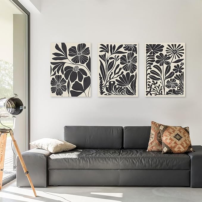 Framed Canvas Wall Art Set of 3, Minimalist Abstract Flower Floral Wall Art for Living Room, Boho Style Wall Decor Paintings, Modern Black Botanical Flower Art Print for Bathroom, Bedroom,