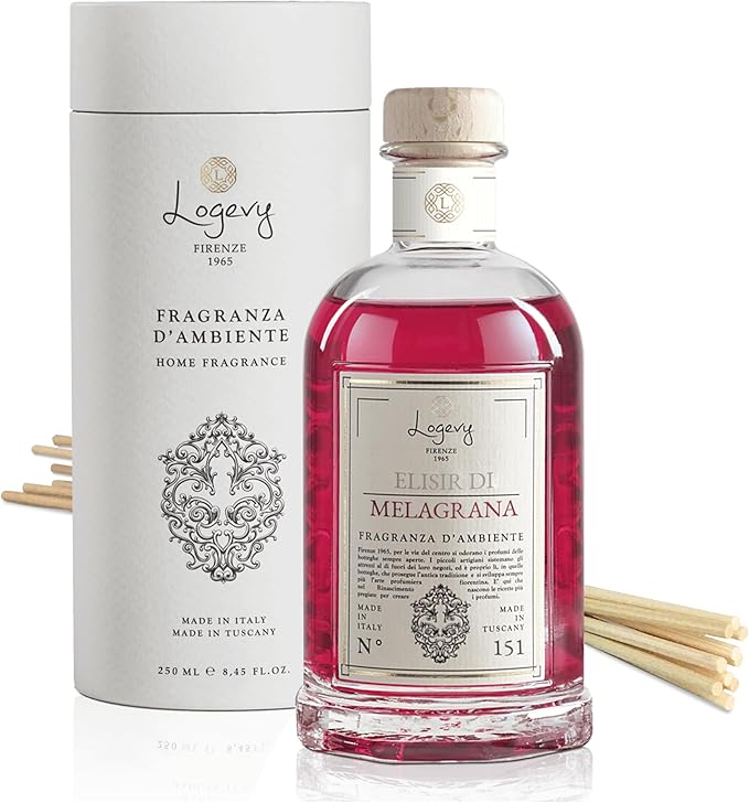 Logevy Firenze 1965 Elisir Di Melagrana – Pomegranate Elixir Luxury Home Fragrance Diffuser with Floral & Fruity Notes in Elegant Glass Bottle with 10 Natural Bamboo Reeds – 250ml