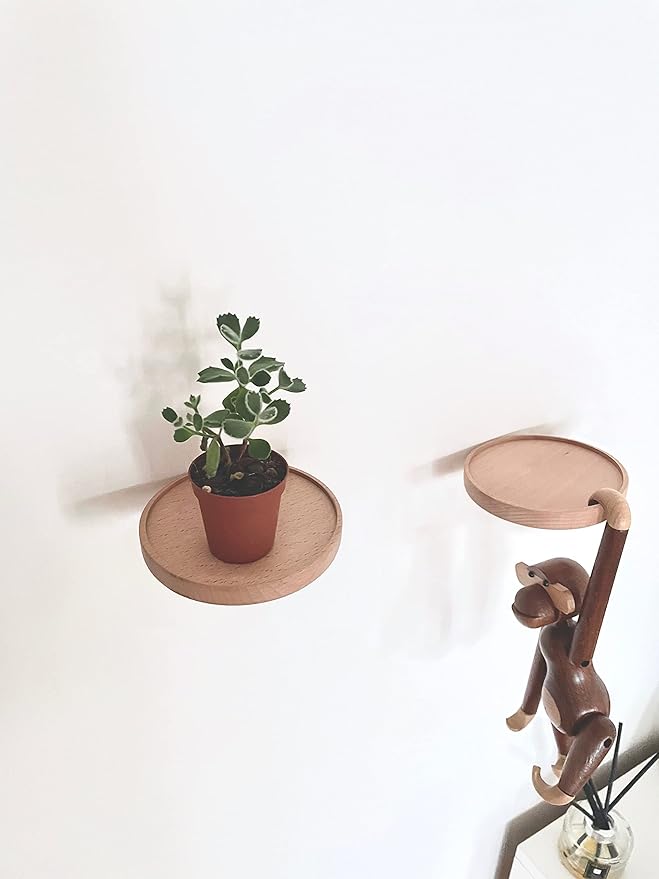 Coracle Floating Shelf Wood Round Wall Mounted Showcase Wall Shelf Hanging Planter Storage Wooden Shelf for Plants Photo Candle Invisible Wall Decoration Design Set of 2 (Diameter Ø4.7 inch)