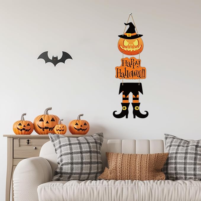 Halloween Door Decorations Halloween Wreath Witch Legs Front Door Hanger Scary Pumpkin Witch Hat Hanging Sign Wooden Wall Decor for Room Party Indoor Home Decor