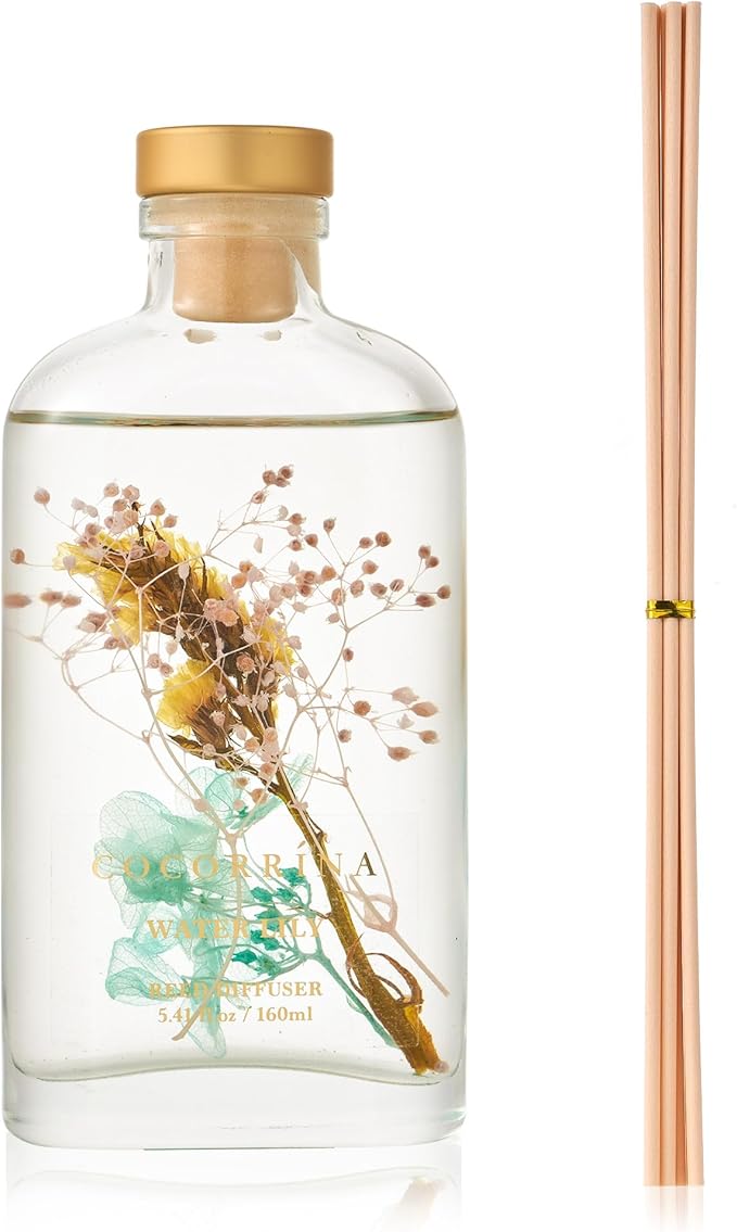 COCORRÍNA Reed Diffuser - Water Lily 5.41 oz Flower Reed Diffuser Set with Sticks, Bedroom Bathroom Shelf Decor (Scented Blooms Collection)