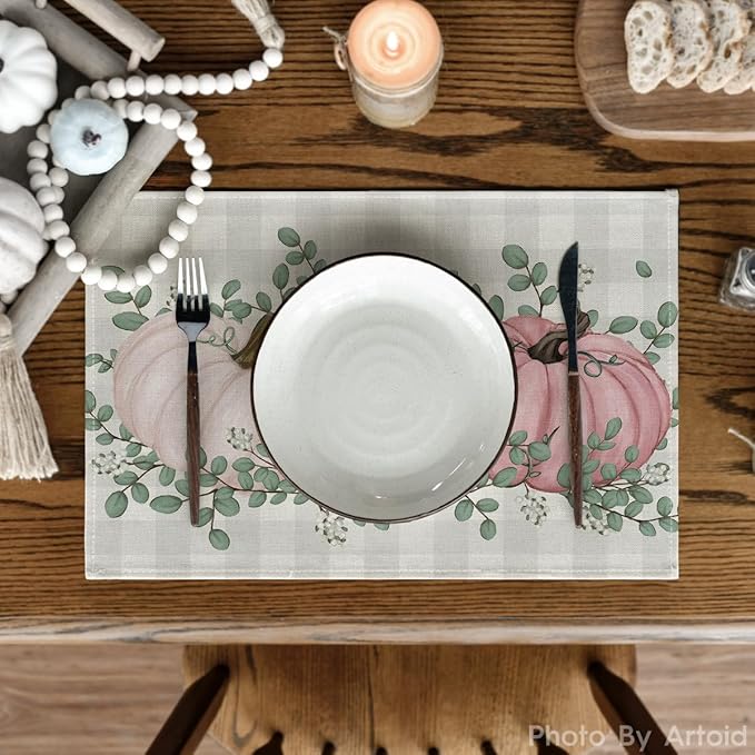 Artoid Mode Buffalo Plaid Pink Pumpkins Eucalyptus Fall Placemats Set of 4, 12x18 Inch Autumn Thanksgiving Table Mats for Party Kitchen Dining Decoration